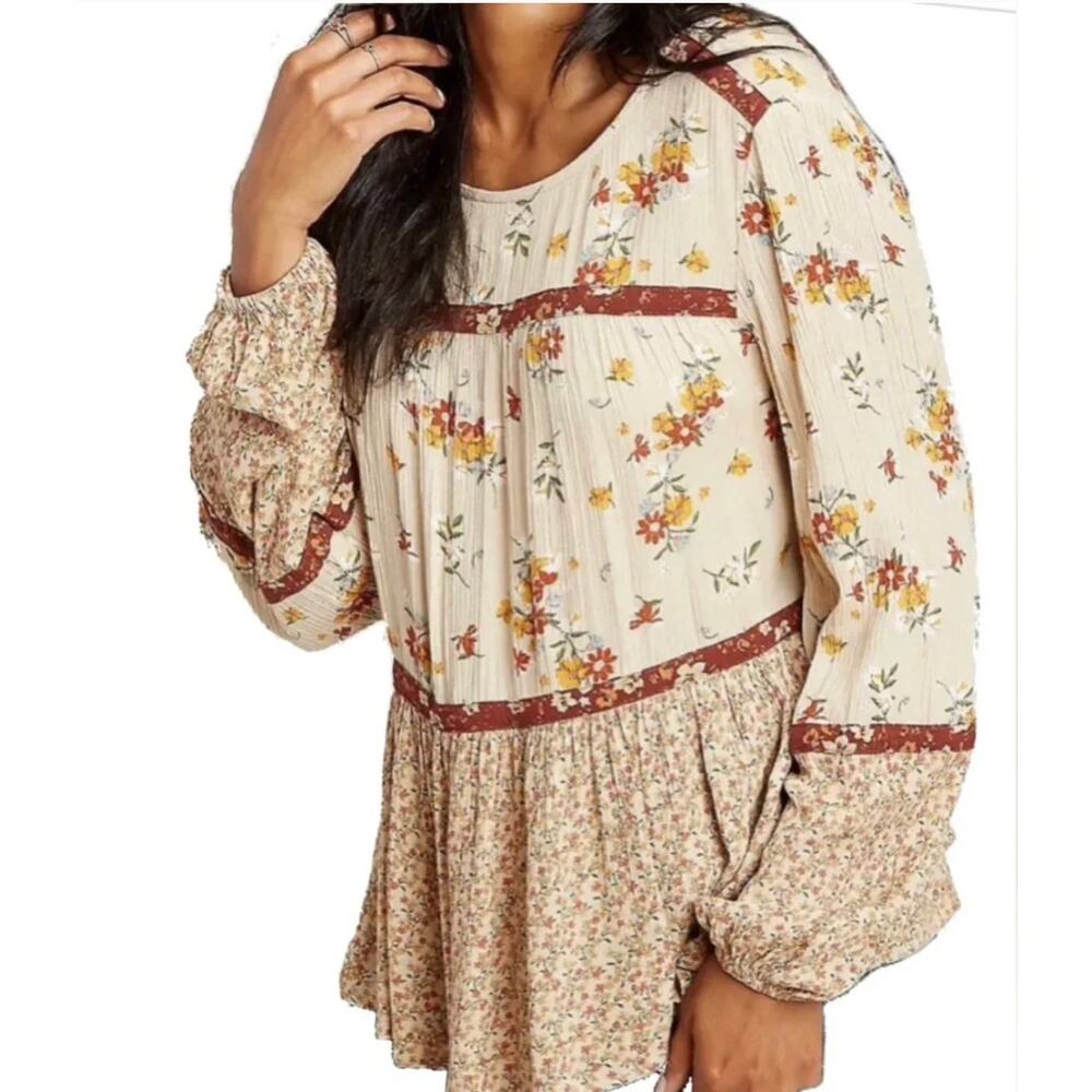 Maurices Boho Mixed Floral Tiered Peplum Blouse Balloon Sleeve Cottagecore XL - Picture 2 of 6
